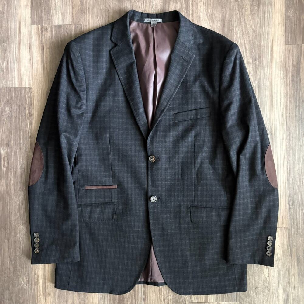 Johnston & Murphy Blazer Men's Size L Plaid Single-Breasted Suit Elbow Pads